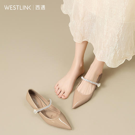 西遇尖头玛丽珍鞋女新款秋季绝美水钻低跟鞋内增高裸色单鞋V1756997 商品图3
