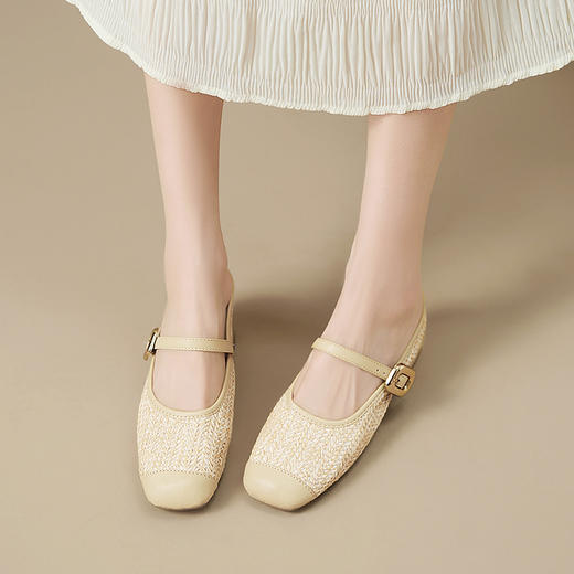 西遇半拖鞋女外穿新款秋季法式编织一字带内增高方头粗跟单鞋V1757003 商品图3