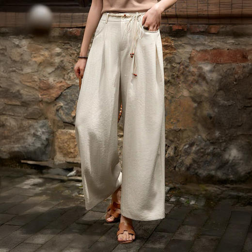 茱莉缇JURLIEDI  江南水乡国风亚麻腰带串珠阔腿裤  休闲舒适 松弛百搭 商品图3