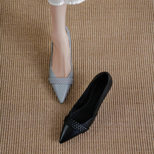 【预售5天】头层牛皮尖头浅口单鞋女细跟春秋新款编织带高跟女鞋FDME&FD9221 商品图1