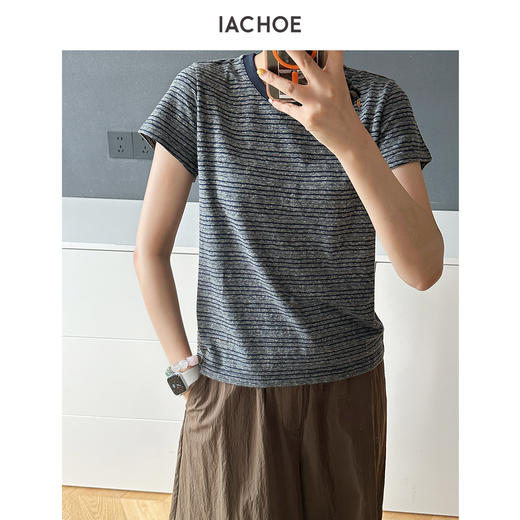 棉仓3631501033-IACHOE 细条纹撞色圆领T恤 商品图0