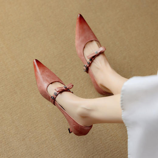【预售5天】真皮气质尖头蝴蝶结高跟鞋粗跟法式玛丽珍鞋浅口单鞋女DB&M6208 商品图2