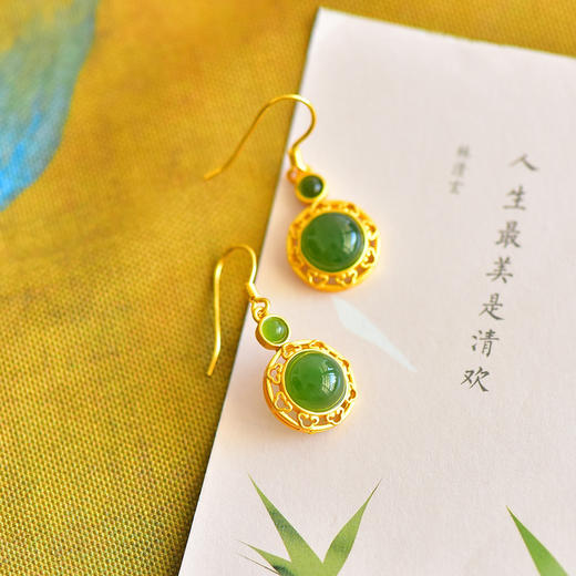 复古碧玉耳坠耳饰925银镀金色，古纹镶嵌天然和田玉耳环玉石耳钩12186-6 商品图2