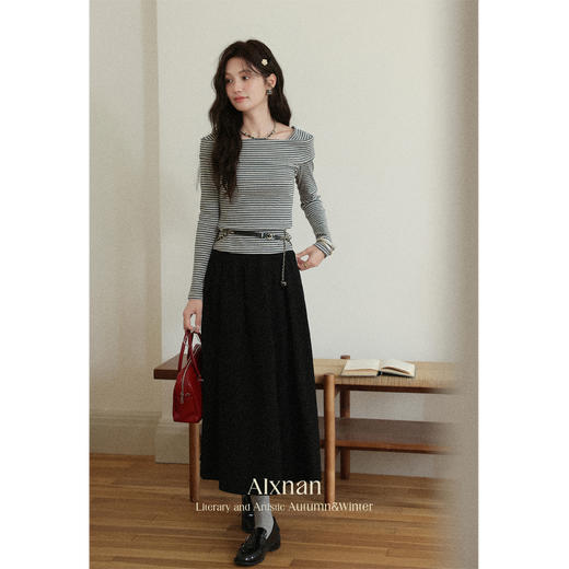 鹿向南「月光灰岩」条纹一字肩T恤女款早秋别致百搭显瘦长袖上衣L56880 商品图1