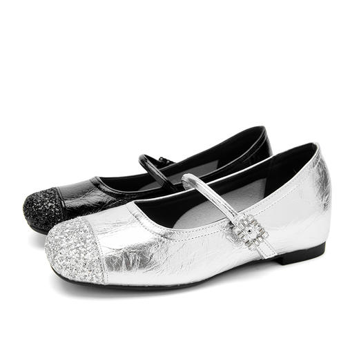 西遇内增高单鞋女新款秋季亮片银色低跟圆头小皮鞋玛丽珍鞋V1757008 商品图4