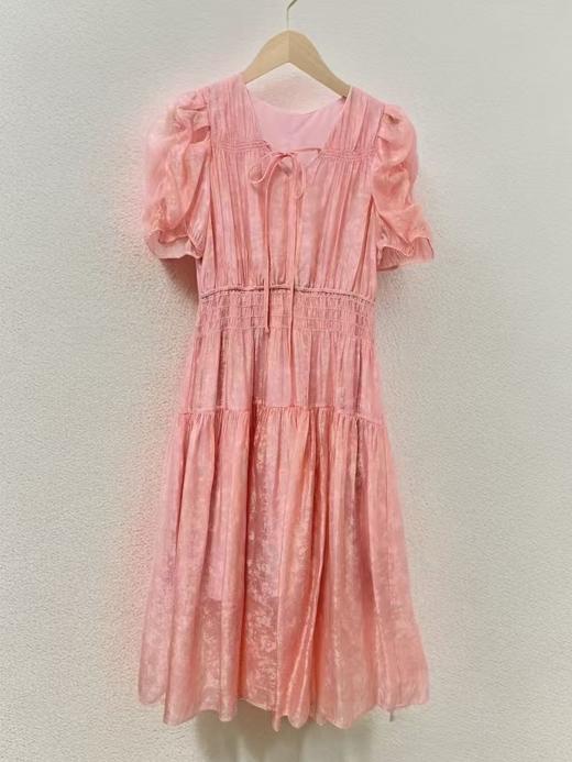 【MYBL】1619泡泡袖V领高腰修身显瘦暗纹连衣裙-喜出 商品图4