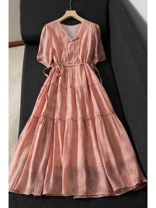 中秋大力度清仓~（不支持退）-NO退【MYBL】8096 新中式粉色暗花蕾丝系带蛋糕裙连衣裙-喜出 商品图1