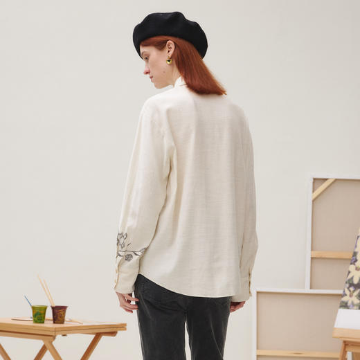 谜底衬衣长袖女2025秋季新品复古通勤亚麻混纺印花衬衫253MC1176 商品图2