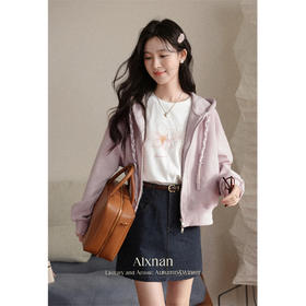 鹿向南「摩卡余温」粉色长袖连帽卫衣秋季新款休闲宽松拉链外套女