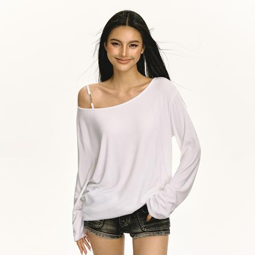 Ariseism 美式设计感斜肩长袖T恤女春季新款辣妹修身内搭露肩上衣 商品图0