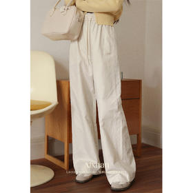 【65折秒杀】鹿向南「漫卷时光」百搭米白色宽松休闲裤女初秋显瘦垂感直筒长裤L56821