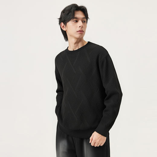 gxg.jeans男装 黑色肌理提花含山羊绒宽松圆领毛衣线衫25年秋热卖 商品图2