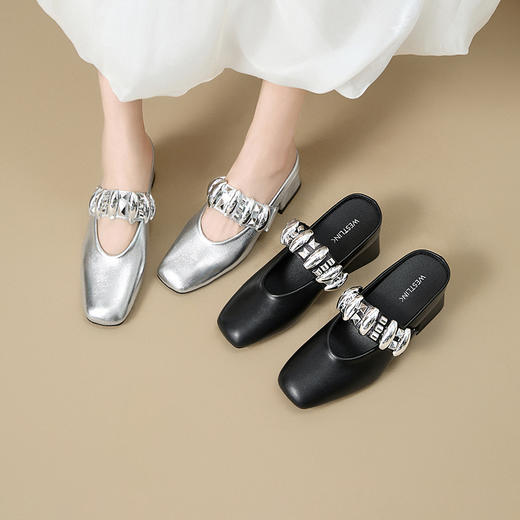 西遇玛丽珍半拖鞋女新款秋季法式水钻粗跟银色单鞋包头穆勒鞋V1757001 商品图0