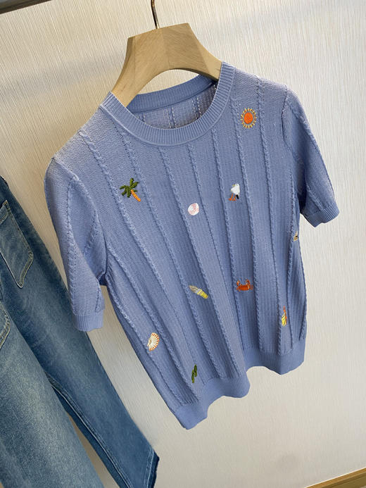 怦然心动的绝！！太好看了，2025度假海滩刺绣细绞花羊毛针织短袖T恤！ 商品图5