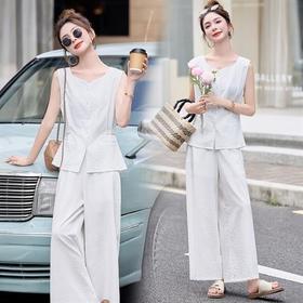 【预售3天】时尚气质无袖两件套装亚纯色印花裙套装中长裙常规袖LDB2879