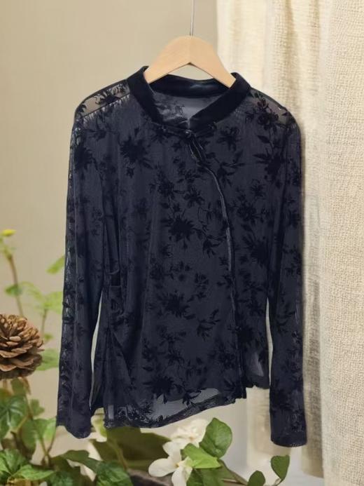 【MYBL】89005植绒新中式盘口薄纱长袖上衣-喜出 商品图0