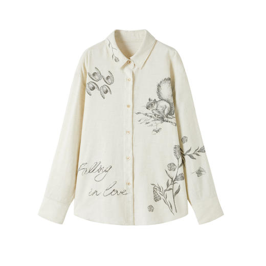 谜底衬衣长袖女2025秋季新品复古通勤亚麻混纺印花衬衫253MC1176 商品图4