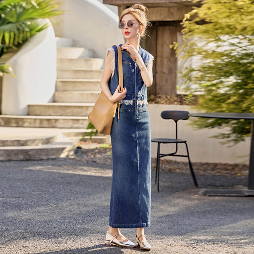 【预售3天】牛仔时尚套装2025新款韩系穿搭洋气拼接蕾丝马甲半身裙两件套YF2555 商品图3