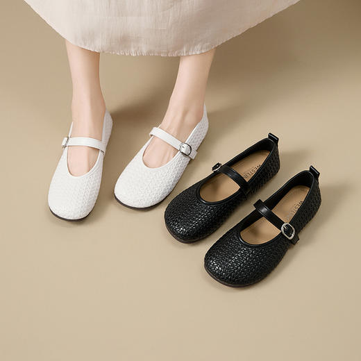 【限时秒杀】西遇平底玛丽珍鞋女新款秋季复古编织软皮小皮鞋圆头软底单鞋K1656928 商品图0