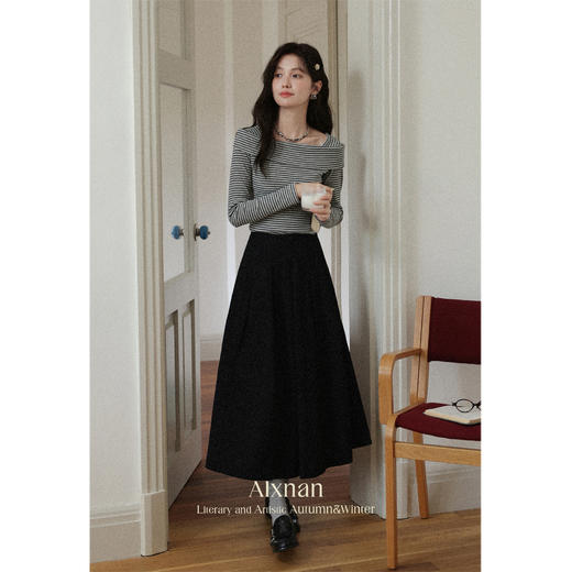 鹿向南「月光灰岩」条纹一字肩T恤女款早秋别致百搭显瘦长袖上衣L56880 商品图4