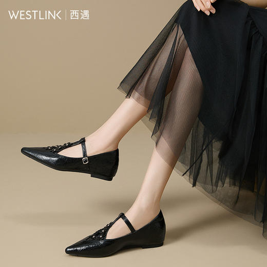 西遇尖头单鞋女新款秋季绝美T字带银色小皮鞋内增高玛丽珍鞋V1757005 商品图1