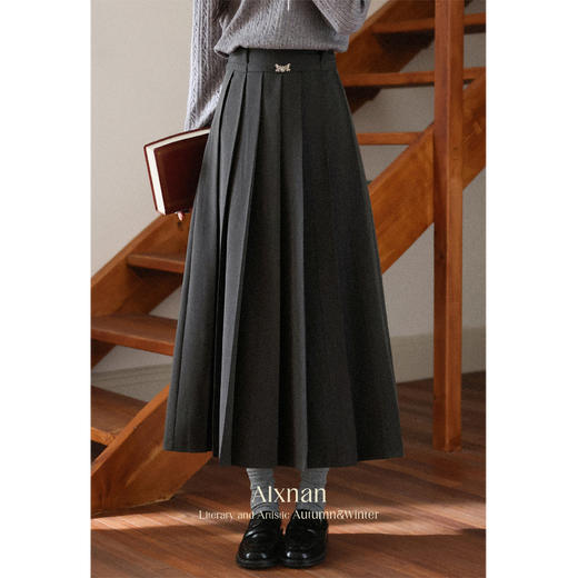 鹿向南「千秋石意」深灰色半身裙女早秋小个子好看高腰百褶裙长裙 商品图0