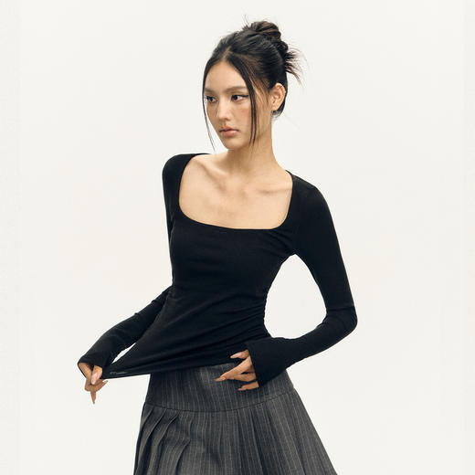 Ariseism 美式复古三色方领长袖t恤女2025春秋新款修身上衣 商品图4