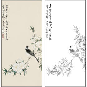 谢稚柳花鸟工笔画白描底稿《古木幽禽》临摹勾线高清打印稿XZ07