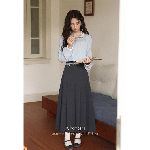 鹿向南「秋意云栖」灰色百褶半身裙女早秋显瘦气质中长款A字伞裙 商品图2