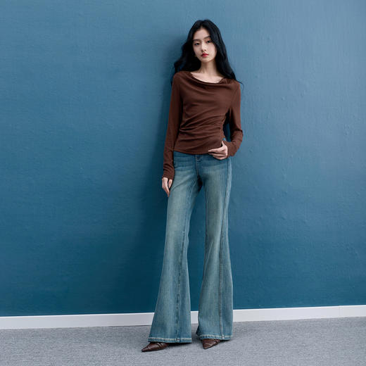 三彩2025秋季新款高腰微喇牛仔裤水洗喇叭裤休闲长裤复古S 商品图2