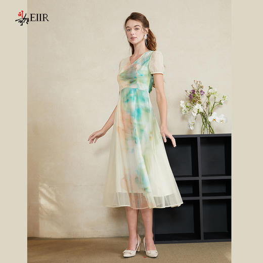 司歌水墨印花渐变网纱弹力短袖连衣裙A911250X 商品图1