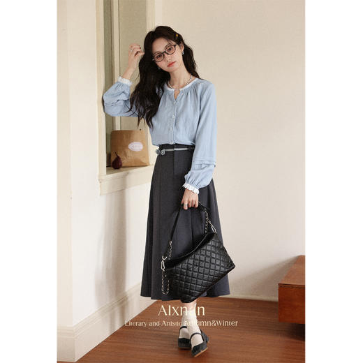 【6折秒杀】鹿向南「蓝岛之恋」蓝色法式长袖衬衫秋季新款休闲拼色通勤开衫女 商品图4