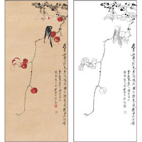 谢稚柳花鸟工笔画白描底稿《红叶小鸟》临摹勾线高清打印稿XZ05