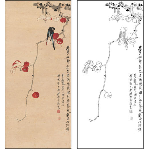 谢稚柳花鸟工笔画白描底稿《红叶小鸟》临摹勾线高清打印稿XZ05 商品图0