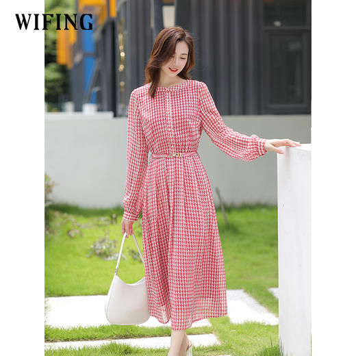 未风时尚气质长裙春季新款收腰长袖裙子早秋红色雪纺连衣裙 商品图2