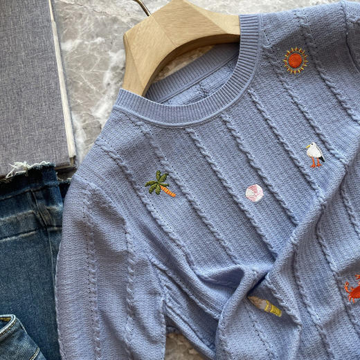 怦然心动的绝！！太好看了，2025度假海滩刺绣细绞花羊毛针织短袖T恤！ 商品图1