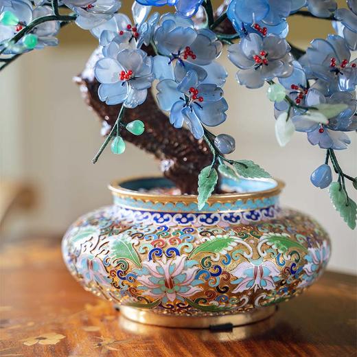 【已售】独角鹿西洋古董中国出品传统宝相花纹景泰蓝盆装饰「蓝韵樱花」珍宝像生盆景 商品图5