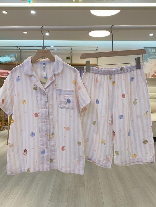 松植屋夏季女款丰收季全棉水洗短袖中裤套装100%纯棉双层纱睡衣家居服 商品图1