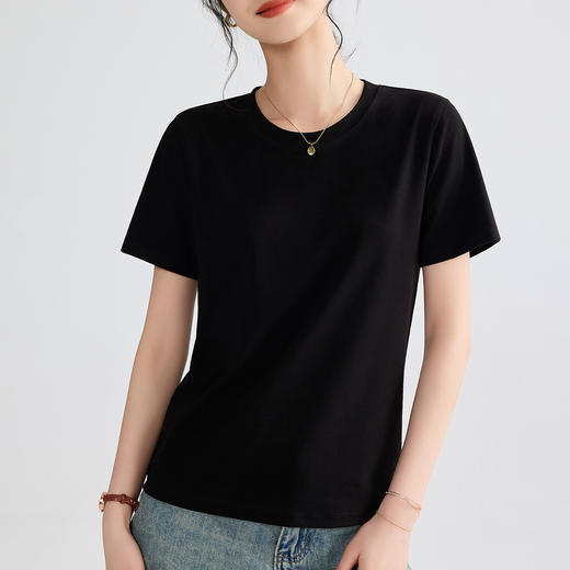 「自j」全新升级【铂金会员119/天猫159/差价40】(70653)洛诗琳纯色正肩T2025夏季新款圆领修身显瘦短袖上衣女 商品图2