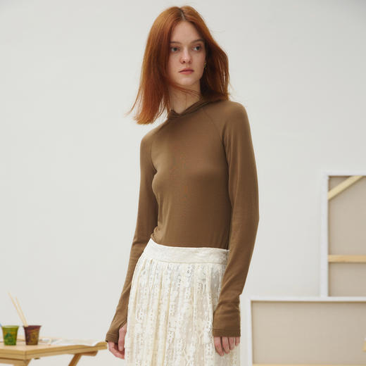 谜底T恤长袖女2025秋季新品休闲百搭连帽亲肤修身上衣253MT1104 商品图1