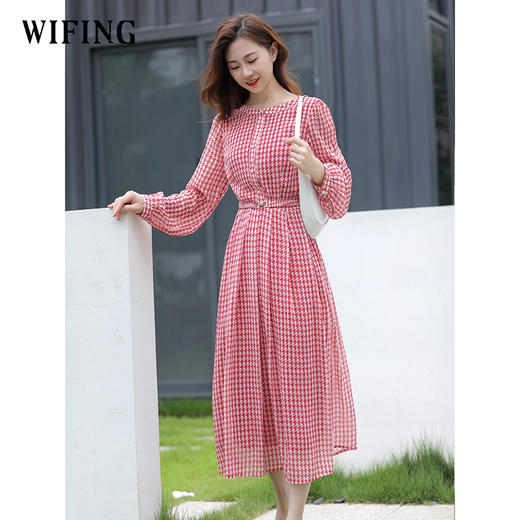 未风时尚气质长裙春季新款收腰长袖裙子早秋红色雪纺连衣裙 商品图1