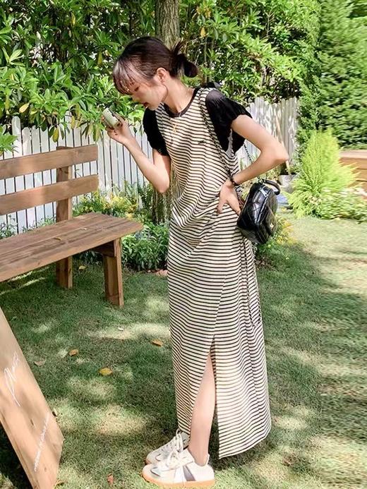 12.12错过没有！清货不退退货勿拍~（不支持退）【MYBL】8638条纹拼接飞飞袖开叉超显瘦长款连衣裙-喜出 商品图3