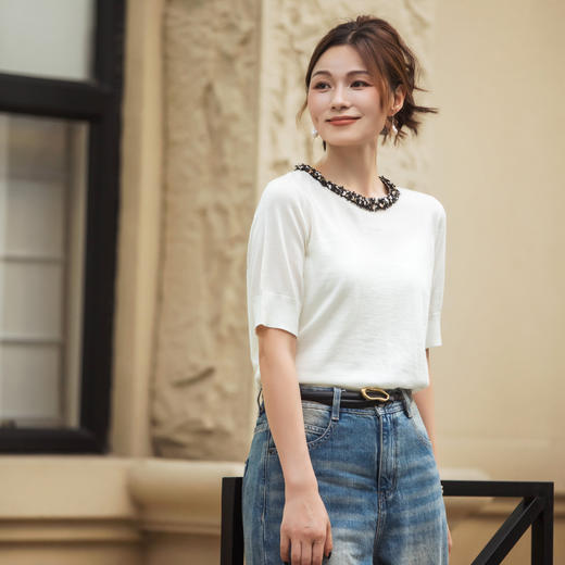 【林栖设计小店】【手工串珠】（现货）（正反两面穿）绵羊毛套头毛衣2025早秋新款T恤上衣女G1953321 商品图0