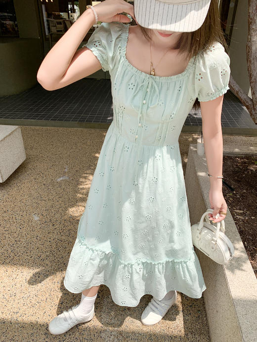 【折后再享2件88折】现货秒杀！微信打折价！绿色镂空花朵连衣裙 日常229.99 立减100 秒杀129.99！ 商品图6