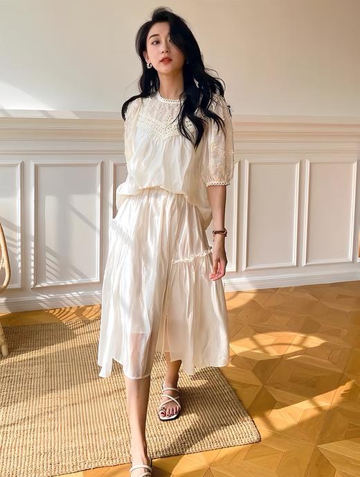 天猫同步【莱赛尔+重工刺绣】拉夏贝尔/La Chapelle花边圆领绣花短袖小衫上衣衬衫2025年新款 商品图9