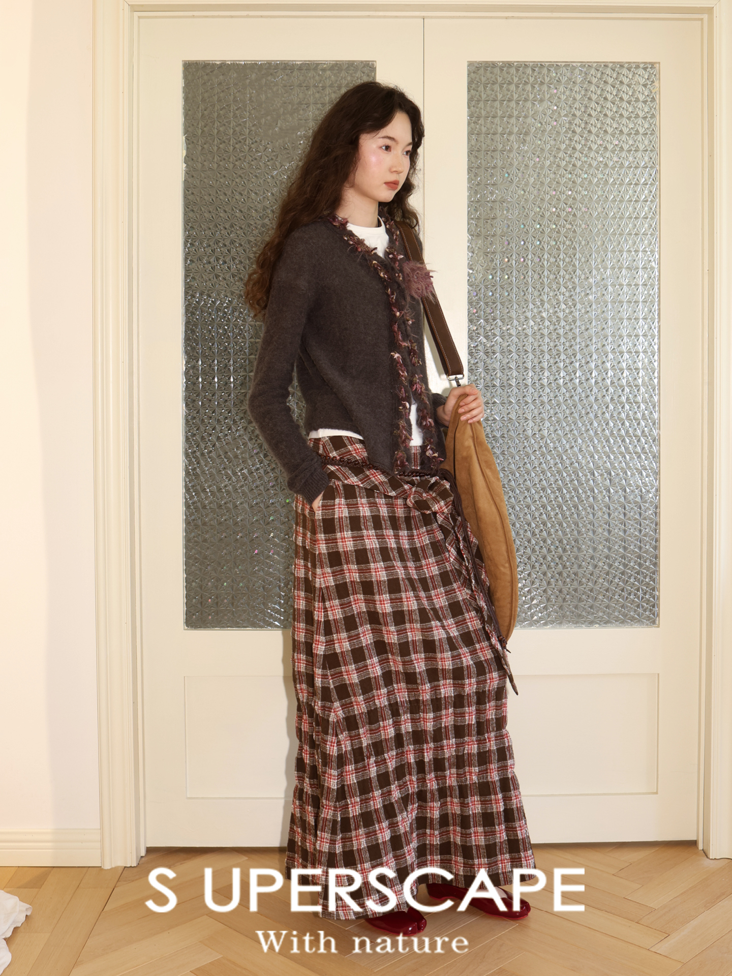 【8/6新品】素舶羊毛薄呢格纹系带抽皱长半裙