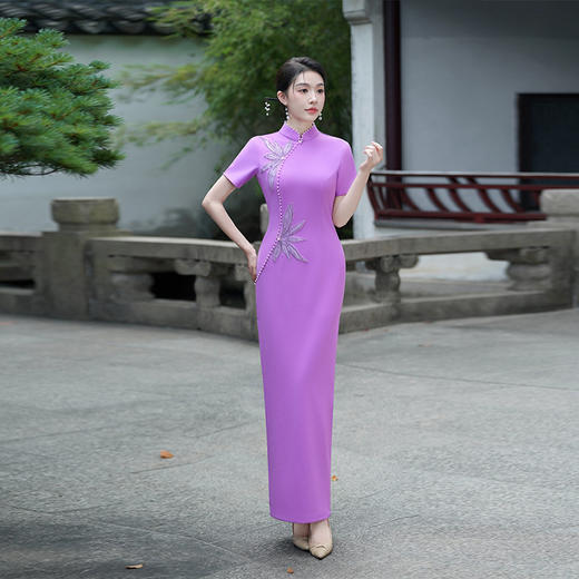 改良优雅旗袍2025年新款紫色气质休闲长款年轻款旗袍裙修身立领女 商品图0