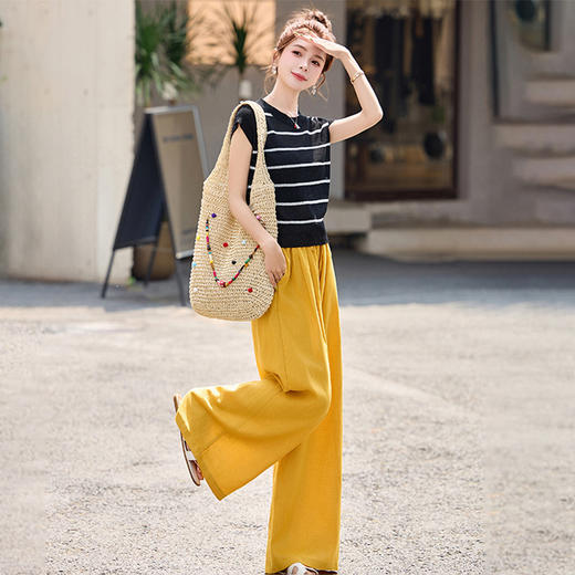 【预售3天】休闲时尚条纹针织上衣高腰阔腿裤套装2025夏季新款高级感两件套ZYI6366 商品图2