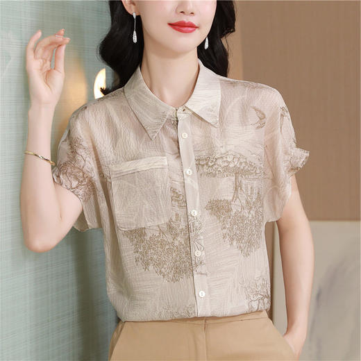 XY34777品质舒适透气减龄中年女横条冠乐绉衬衫夏季时尚上衣 商品图1