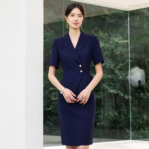IWY/藏青色西装连衣裙女夏季短袖售楼部接待工作服假两件职业裙25Q799 商品图1